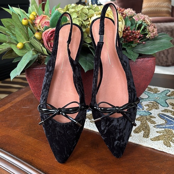 INTENTIONALLY BLANK SEVENTH VELVET SLINGBACK FLATS BLACK POINTED TOE BOW VINTAGE - Picture 6 of 16